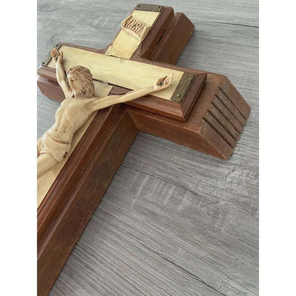 Vintage Mother‎ of Pearl Wood Crucifix Last Rites Sick Catholic Cross